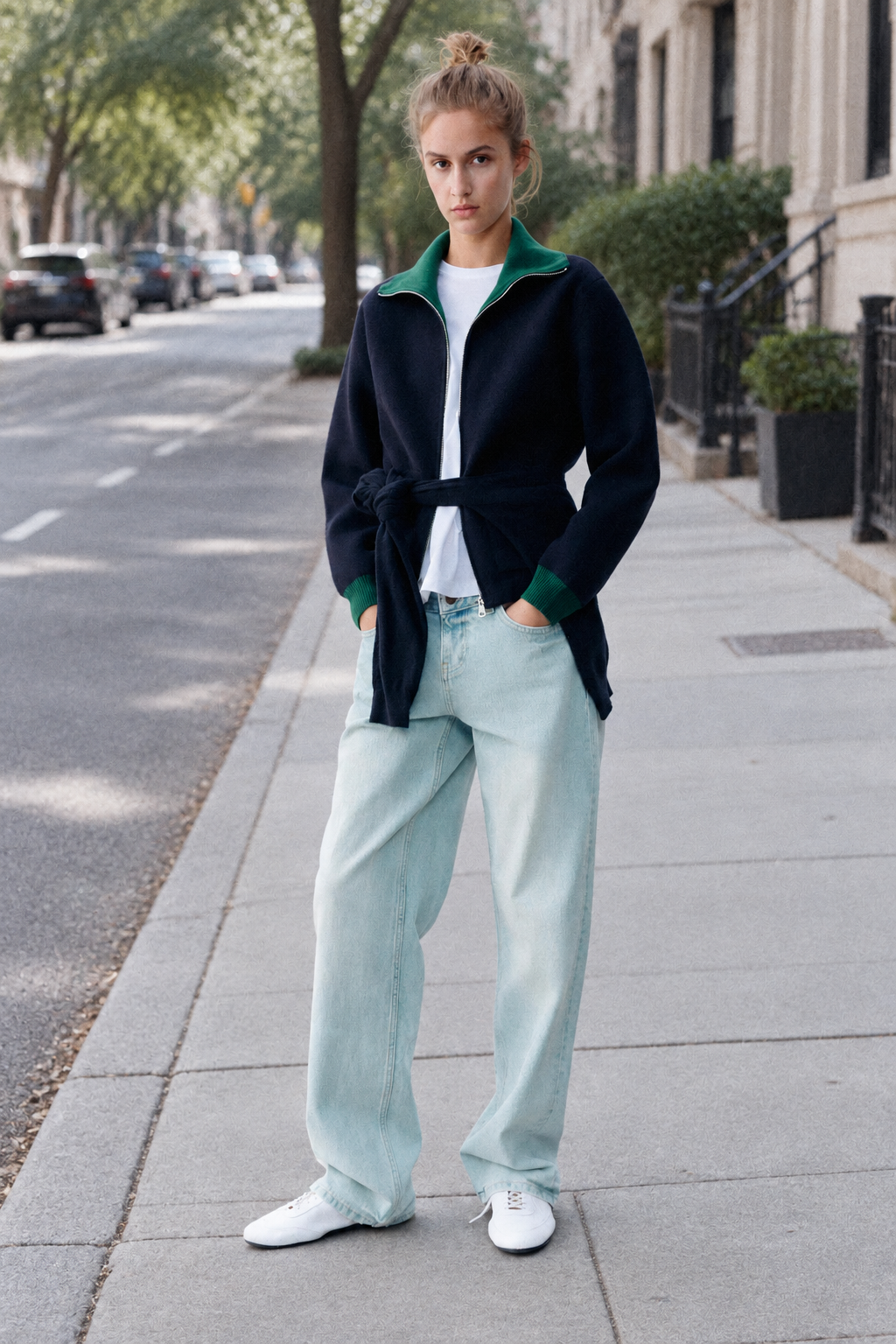 Cardigan Mavélia — Navy blue with green contrast details — streetwear look