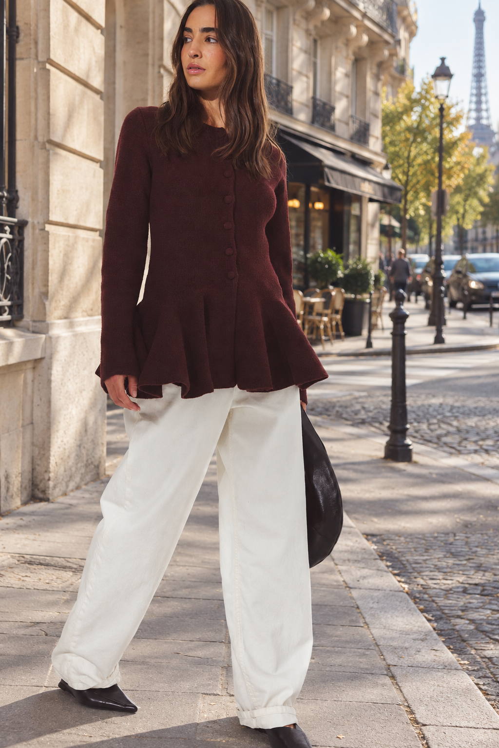 Cardigan Nérys — Burgundy — streetwear look