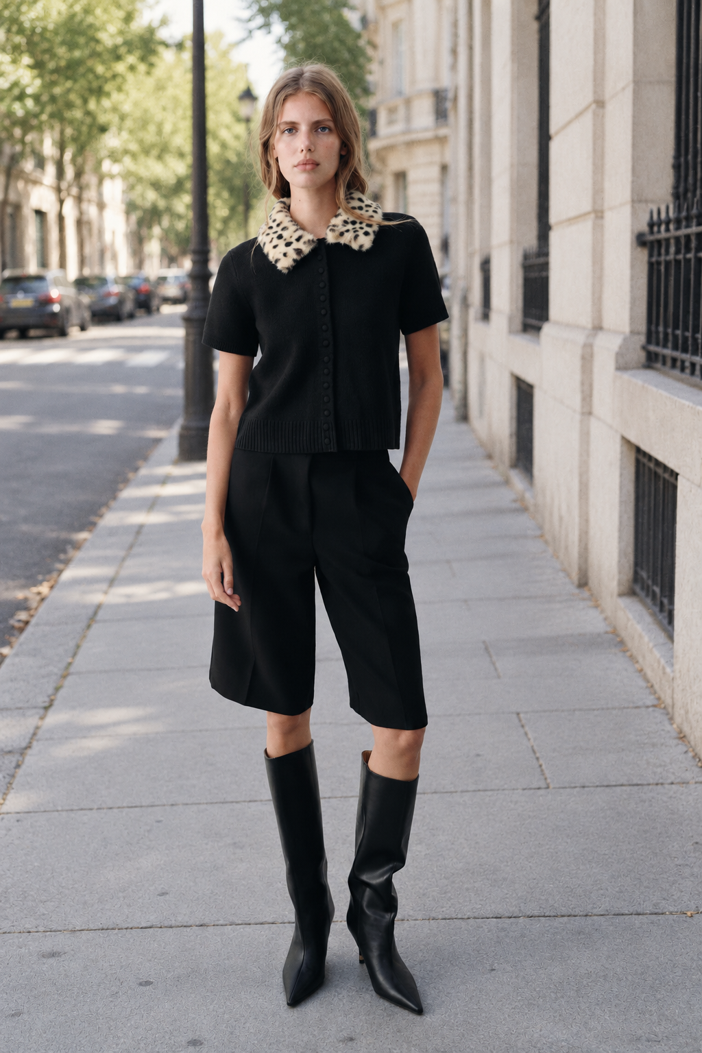 Cardigan Vanyss — Black with a leopard-print collar — streetwear look
